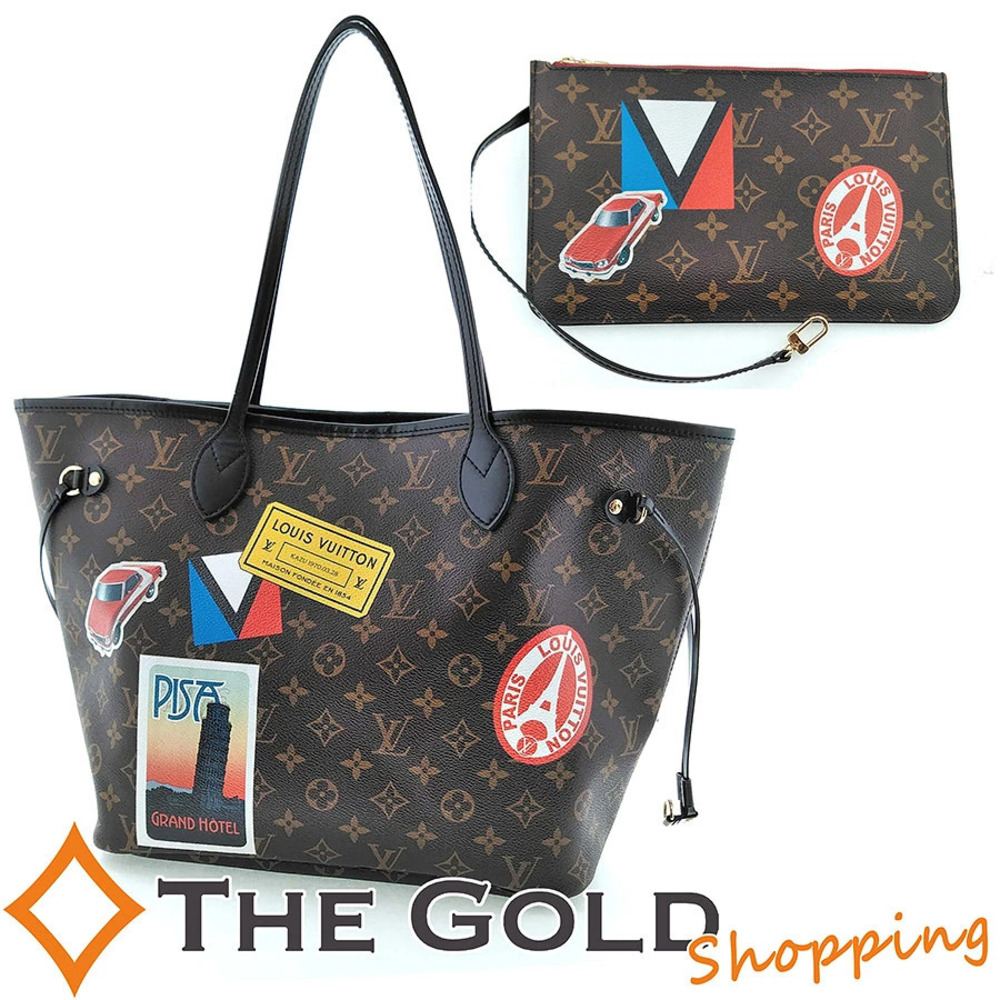 Louis Vuitton Neverfull Tote Bag Pouch My LV World Canvas Leather Black Gray